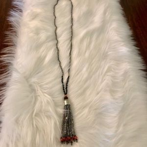 Long silver and black beaded tassel necklace